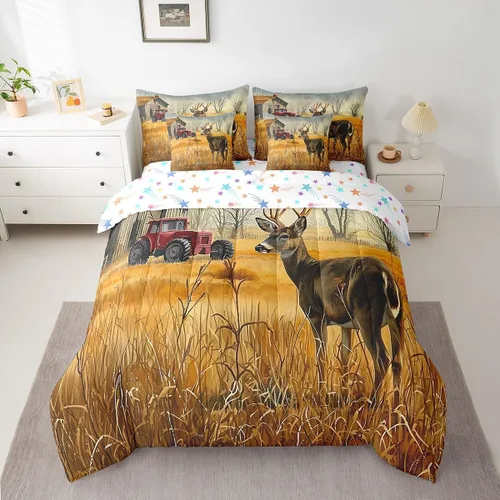 Vista 129 de Feelyou Juego de edredón de ciervo con sábanas – Tamaño Queen 7 piezas Juego de ropa de cama infantil de caza rústica – Cama de ciervo de cabaña