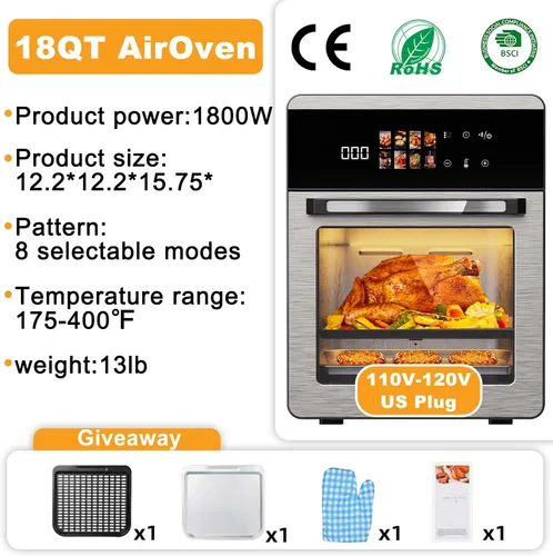 Vista 7 de Horno freidora de aire grande de 18QT con pantalla táctil, combo multifunción de 10 en 1 para freír al aire, asar, hornear, asar a la parrilla