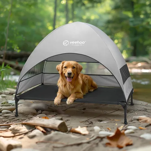 Vista 7 de Cama para Perros al Aire Libre Veehoo con Toldo, Catre Elevado Refrescante para Mascotas con Sombra Removible, Patas Antideslizantes, Catre Elevado