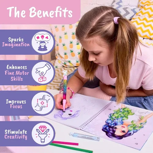 Vista 6 de BSCOOL - Libro de dibujo, colorear y actividades. Crea peinados con pegatinas y guías. Cuaderno de bocetos de diseño de moda para niños de 5 años