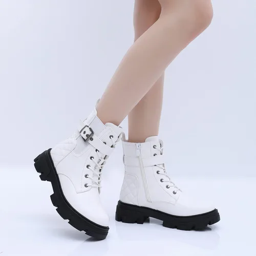 Vista 8 de GLOBALWIN Botas de combate para mujer, botines con cordones, cómodas botas de suela de lengüeta para mujer, tacón bajo grueso