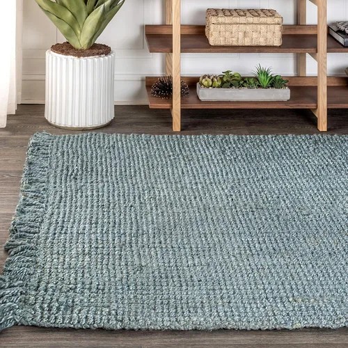 Vista 3 de JONATHAN Y Alfombra de yute tejida a mano con borlas color azul claro/gris, 5x8, Pata, estilo bohemio, rústico, de cabaña, fácil de limpiar