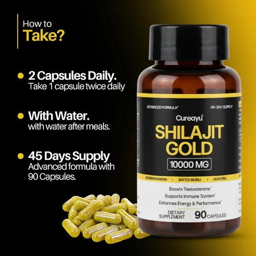 Vista 6 de Shilajit Gold Cápsulas 10000 mg de Shilajit para hombres y mujeres con musli, ashwagandha y gokhru seguro (blanco) Apoyo de energía, resistencia