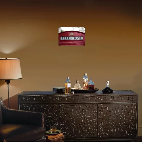 Vista 6 de Letrero de metal con detalle de cabina telefónica roja, diseño de paisaje de ciudad, retro, para hombre, cueva, bar, garaje, habitación, calles