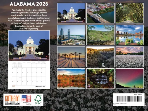 Vista 2 de Calendario de Alabama 2026 para pared, 12 meses, mensual, recuerdos escénicos de AL Hecho en Estados Unidos