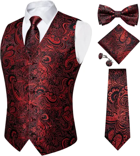 Vista 27 de DiBanGu Conjunto de 5 chalecos de seda con corbata y corbatín para hombre Paisley oro negro