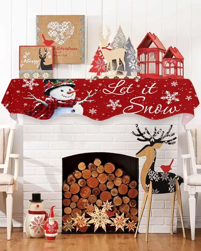 Vista 9 de Daleng Bufanda de repisa de camión de Navidad con muñeco de nieve para chimenea, 60 x 17 pulgadas, árbol de Navidad, copos de nieve, ciervos, verde