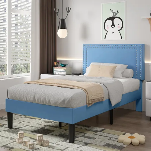 Vista 147 de VECELO Base de cama de plataforma de tamaño individual con cabecera tapizada de altura ajustable, base de colchón moderna, soporte de listones