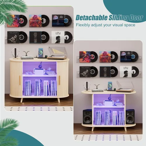 Vista 7 de Soporte para tocadiscos con almacenamiento de vinilo, gabinete multimedia moderno con estación de carga y luces LED, soporte para puerta corrediza