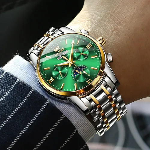 Vista 3 de OLEVS - Relojes automáticos para hombre, diseño mecánico con cuerda automática, reloj de pulsera de lujo de moda, esqueleto, luminoso, impermeable