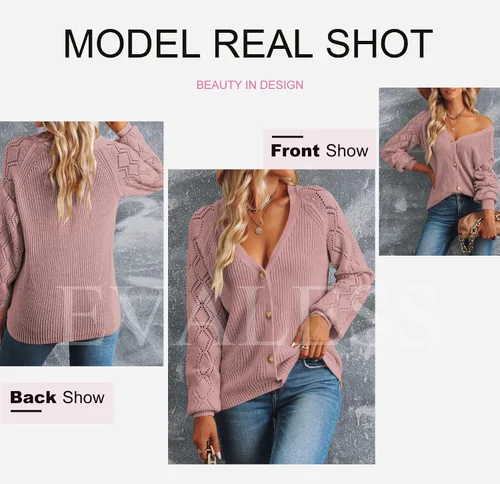 Vista 3 de EVALESS Cárdigan para mujer, cuello en V, retazos de ganchillo, manga larga, con botones, suéter de punto sólido