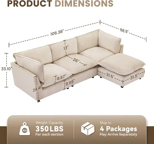Vista 2 de Iroomy Oversized Modular Sectional Sofa, Chenille Cloud Couch, Deep Comfy Seat, 4-Seater Sofas, Couches, Living Room, Beige