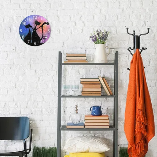 Vista 4 de senya Reloj de pared redondo con diseño de gatos mágicos, pintura al óleo silenciosa que no hace tictac, decorativo para el hogar, oficina, escuela