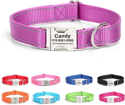 Vista 12 de Collar personalizado para perro con etiqueta de nombre, collar de nailon reflectante para mascotas, collares de perro con hebilla dorada grabada