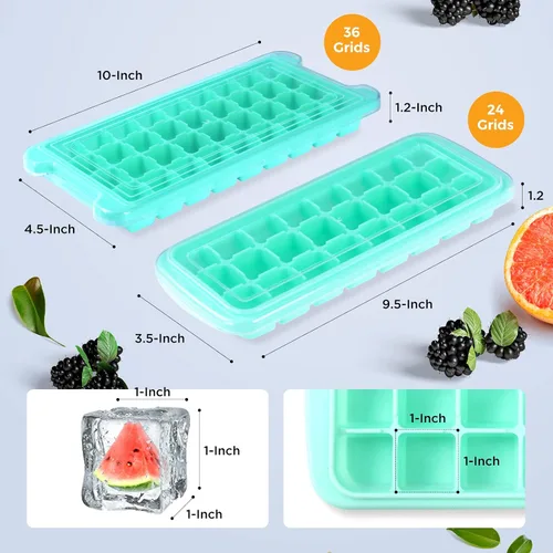 Vista 8 de Bandeja de cubitos de hielo, bandeja de hielo de silicona suave con tapa de polipropileno, bandejas flexibles para cubitos de hielo para congelador