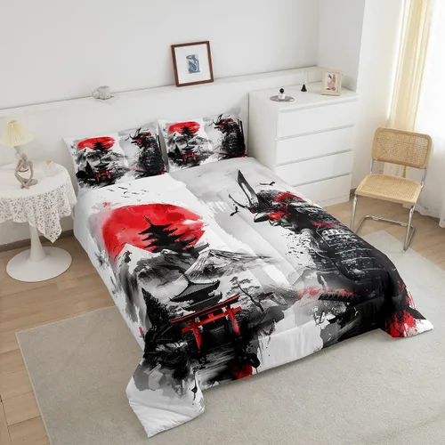 Vista 3 de Feelyou Samurai - Juego de ropa de cama japonesa para niños y niñas, juego de edredón de monte Fuji con 2 fundas de almohada, 3 piezas