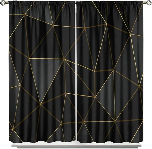 Vista 108 de Cortinas Negras con Dobladillo Dorado, Cortinas Opacas con Bolsillo para Barra con Estampado de Rayas de Foil en Onda Dorada para Decoración de Negro