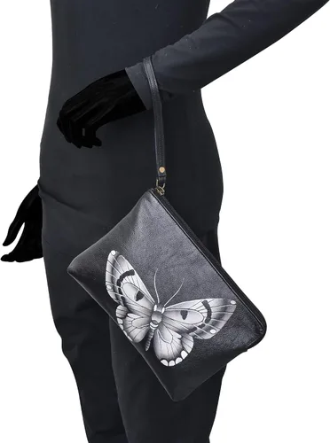 Vista 2 de Anna by Anuschka Bolso de mano pintado a mano de cuero genuino para mujer Negro mariposa