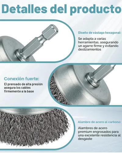 Vista 4 de 10 Piezas Cepillo de Alambre para Taladro, Cepillo de Rueda de Alambre Rizado de Acero al Carbono Grueso, Vástago Hexagonal de 1/4 de Pulgada, Broca