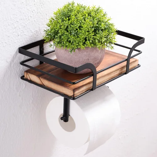 Vista 4 de Soporte de papel higiénico rústico de granja con estante – Decoración rústica de baño de granja – Accesorios de baño rústicos con estante de madera