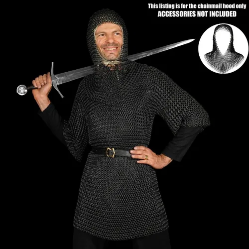 Vista 3 de Coif de malla medieval caballero renacentista armadura de malla capucha vikinga LARP 16 calibre Negro