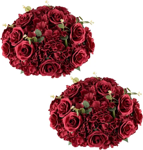 Vista 27 de Bolas de flores burdeos para centros de mesa: 11.8 pulgadas de diámetro, juego de 6