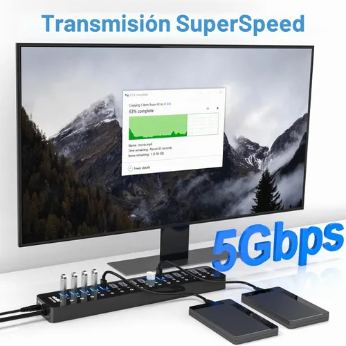 Vista 4 de Hub USB 3.0 de alimentación, divisor USB atolla de 16 puertos con adaptador de corriente de 12 V/6 A e interruptores individuales, transferencia
