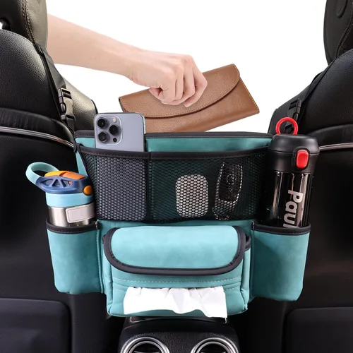 Vista 8 de Organizador de asiento de automóvil de cuero para bolso/bolso, cabe entre asientos delanteros, sostiene cartera, teléfono y artículos esenciales