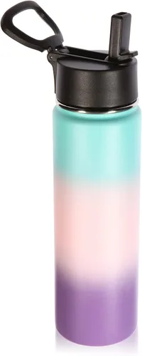 Vista 22 de Volhoply Botellas de agua aisladas de 22 onzas con tapa con popote, botella deportiva de acero inoxidable con asa, vasos de agua de viaje de metal