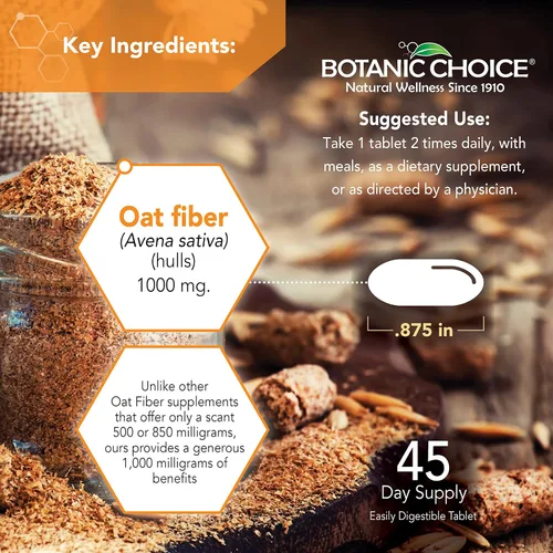 Vista 4 de Botanic Choice Fibra de avena - Suplemento dietético natural para la salud digestiva - Mujeres y hombres - 90 tabletas (1000 mg)