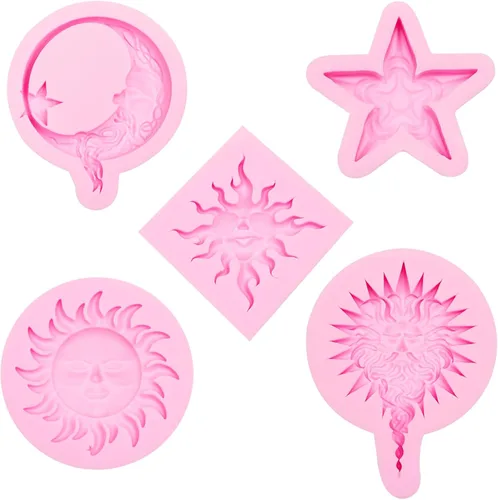 Vista 9 de Juego de moldes de silicona, formas de estrella de sol y luna, rosa, moldes para hornear dulces de chocolate, 5 piezas con temática celestial