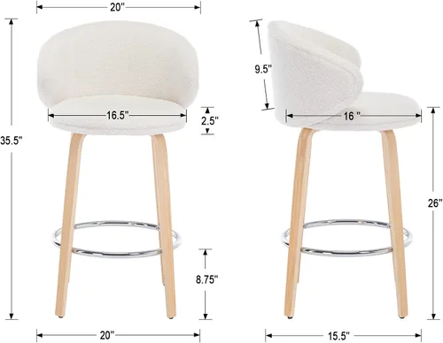 Vista 3 de Ya-Home Taburetes de bar modernos, taburetes de bar Sherpa de 26 pulgadas de altura de mostrador con patas de madera, sillas de bar con respaldo