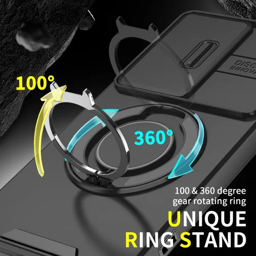 Vista 3 de Funda para Samsung S25 Ultra, con lente de cámara deslizante, soporte de anillo de dedo, resistente a prueba de golpes, funda protectora de grado