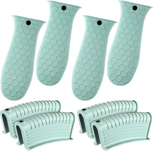 Vista 18 de Patelai Juego de 8 piezas de soportes para ollas de silicona, cubierta para mango de hierro fundido, resistente al calor, soportes para mango