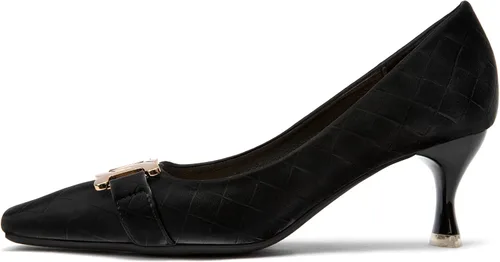 Vista 4 de Zelaprox Zapatos de tacón cuadrado cerrados para mujer, tacón bajo de gatito, de metal a la moda, sin cordones, para boda, fiesta, zapatos cómodos