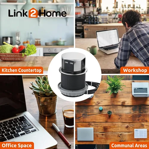 Vista 9 de Link2Home Paquete de 2 enchufes emergentes que ahorran espacio con USB, 3 tomas de corriente de 15 A, 2 puertos USB de 2.4 A de carga rápida
