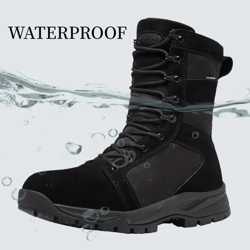 Vista 3 de Botas tácticas militares para hombre, ligeras, transpirables, botas de combate para senderismo, impermeables, de gamuza, botas de trabajo