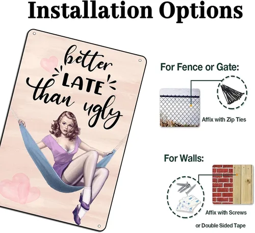 Vista 3 de Letrero decorativo de baño Pin Up Girl Metal Tin Sign Better Late Than Ugly Retro Decoración de pared para decoración de baño, dormitorio, vestido