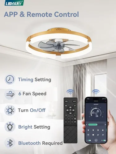 Vista 5 de LEDIARY Ventiladores de techo de bajo perfil de 19.7 pulgadas con luces y control remoto, 6 velocidades, 3 CCT, reversible, regulable, ventilador