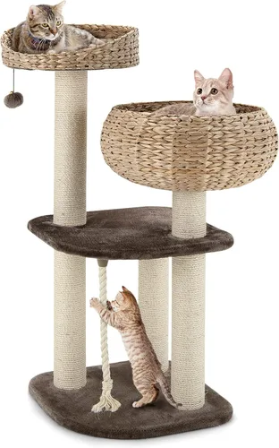 Vista 10 de Tangkula Árbol para gatos moderno, torre para gatos pequeña con poste de rascar de sisal natural, condominio para gatos de mimbre hecho a mano