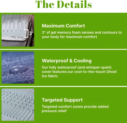 Vista 4 de GhostBed Cubrecolchón de espuma viscoelástica de gel refrescante de 3 pulgadas, funda impermeable, protector y cubrecolchón en uno, tamaño individual