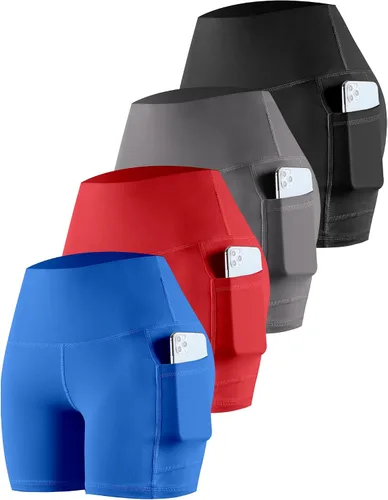 Vista 19 de CHRLEISURE - Pantalones cortos de ciclismo para mujer con bolsillos de licra, cintura alta, con control de abdomen para entrenamiento, yoga