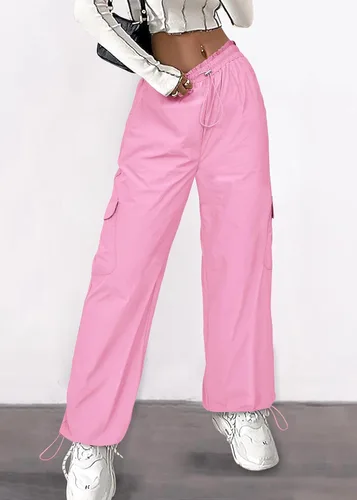 Vista 4 de KIRUNDO Pantalones cargo para mujer, cintura alta, pierna ancha, holgados Y2K, ropa urbana con cordón en los tobillos, pantalones casuales