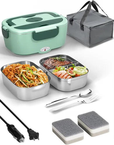 Vista 10 de Sitlais Lonchera eléctrica para adultos, calentador de alimentos portátil de calentamiento rápido con 2 recipientes de acero inoxidable 304 de 53