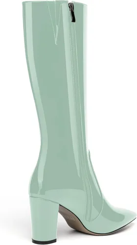 Vista 159 de AMBELIGHT Botas altas hasta la rodilla con cremallera y puntera puntiaguda para mujer, de patente sólida, tacón alto, 3.3 pulgadas
