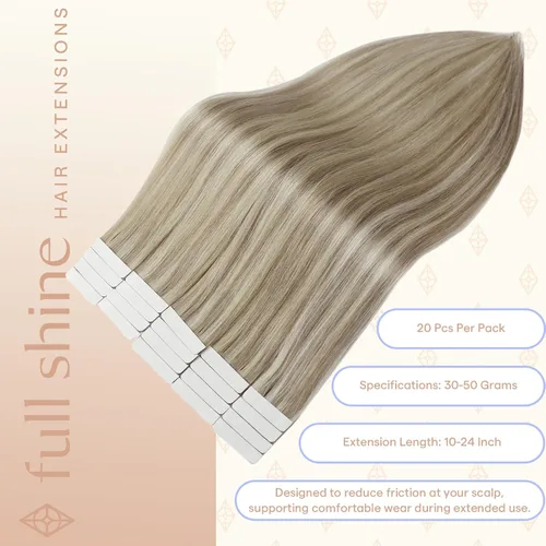 Vista 3 de Full Shine - Extensiones de cabello humano con cinta adhesiva, 18 pulgadas, extensiones de cabello rubio ceniza, extensiones de cabello humano real