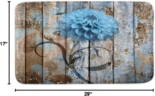 Vista 2 de JAWO Alfombra de baño con flores de granja, dalia en tablones de madera rústica, juego de tapetes de baño con flores azules, en forma de U