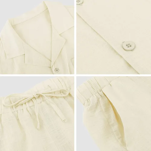 Vista 6 de Fenxxxl Conjunto de 2 piezas de lino con botones para hombre, camisa casual de manga corta y pantalones de playa sueltos