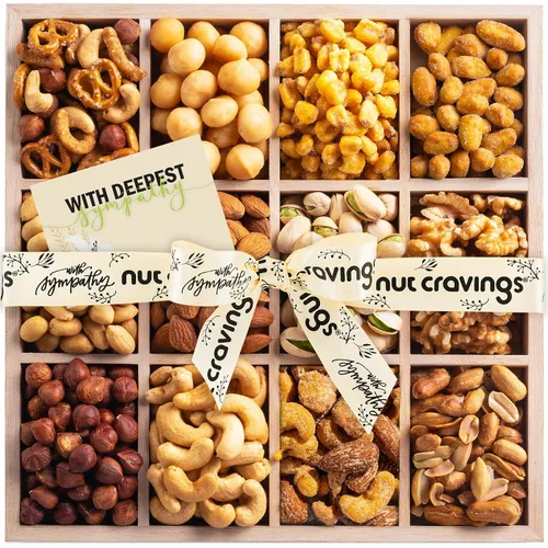 Vista 11 de NUT CRAVINGS - Cesta de regalo de nueces mixtas en bandeja de madera de diamante reutilizable + cinta verde (12 surtidos) golosinas para adultos