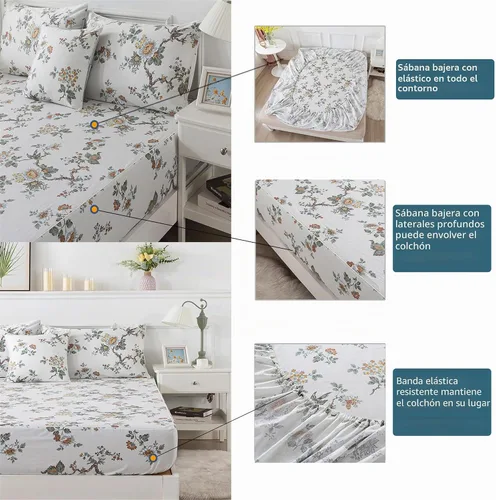 Vista 5 de FADFAY Elegante juego de sábanas con estampado de pájaros beige desgastado, 100% algodón, ultra suave, para niñas, con bolsillo profundo, 4 piezas